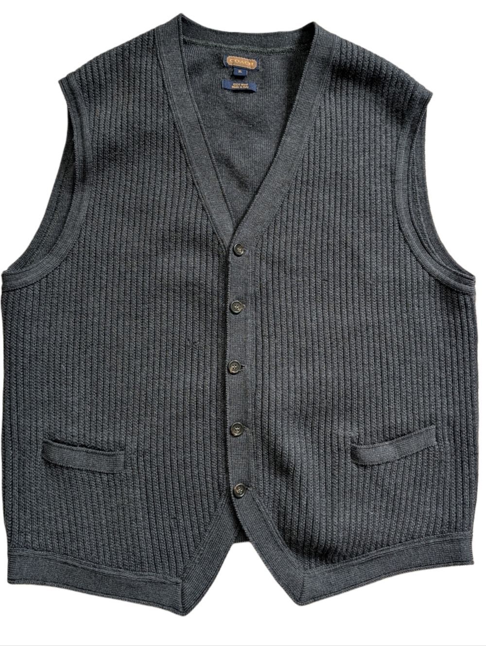 Coach Mens Charcoal Gray Wool Italian Ribbed Knit Button Down Vest Size XL